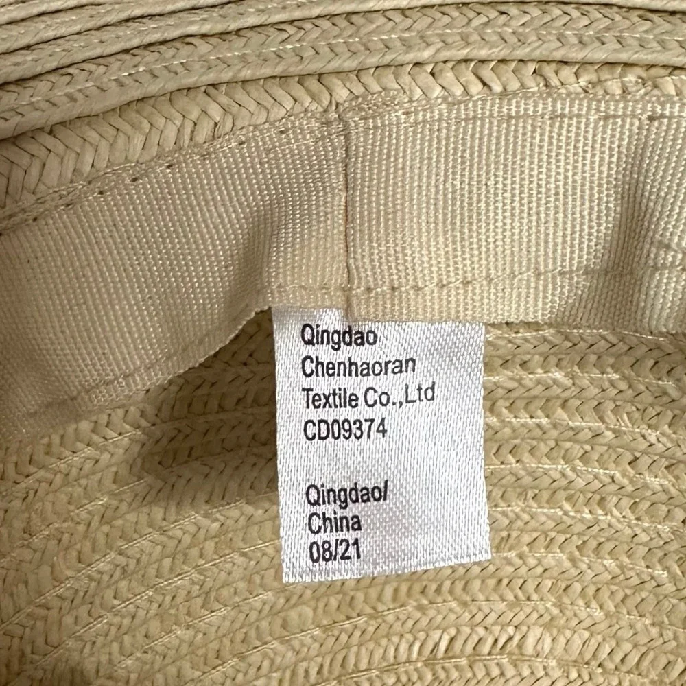 Catherine Malandrino Straw Sun Hat Womens‎ OS Beige White Bow Wide Brim Feminine